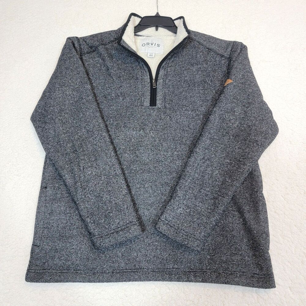 Orvis Men's  XL 1/4 Quarter Zip Pullover Pockets Grey Sherpa Fleece Lined